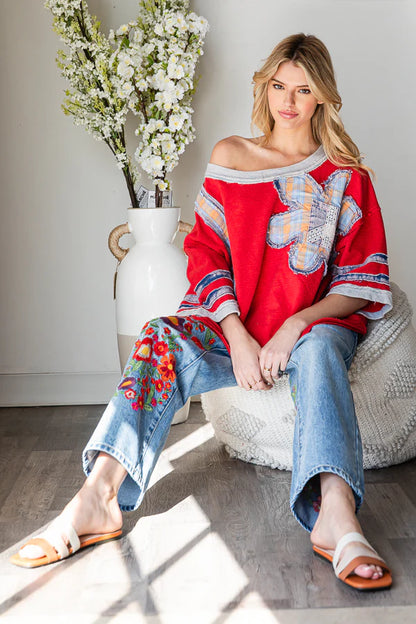 Red Washed Flower Patchwork Knit Top