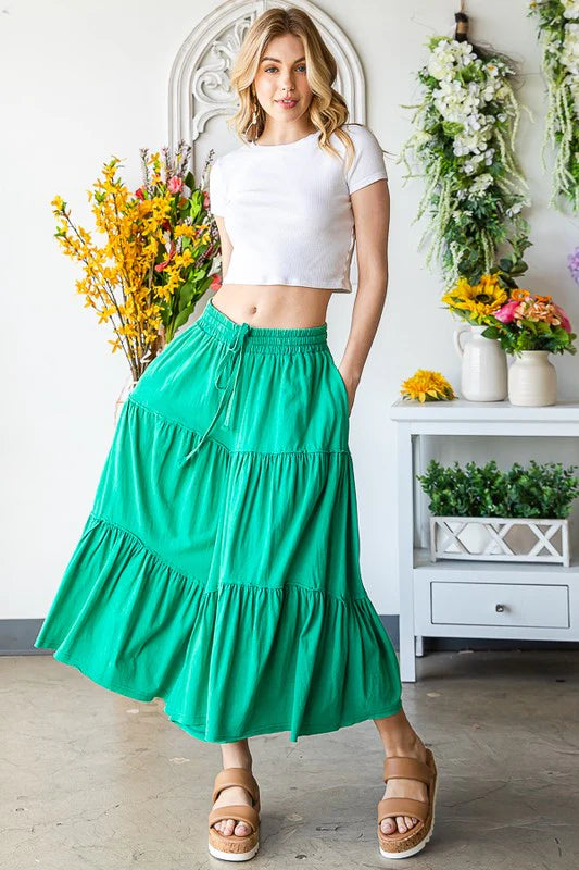 Mineral Washed Elastic Waist Tiered Wide Leg Pants