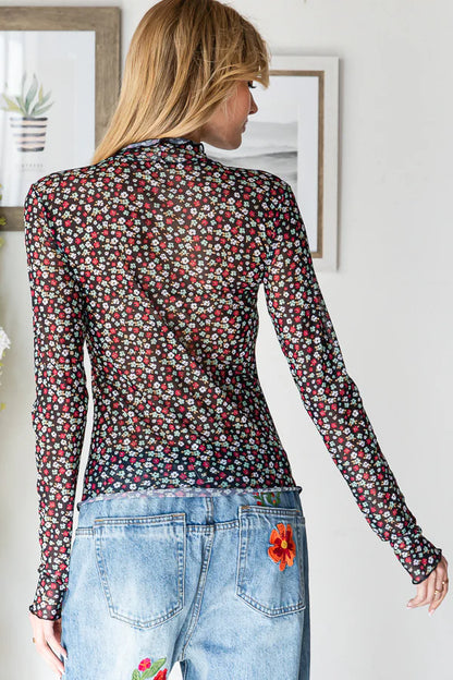 Black Floral Mesh Top