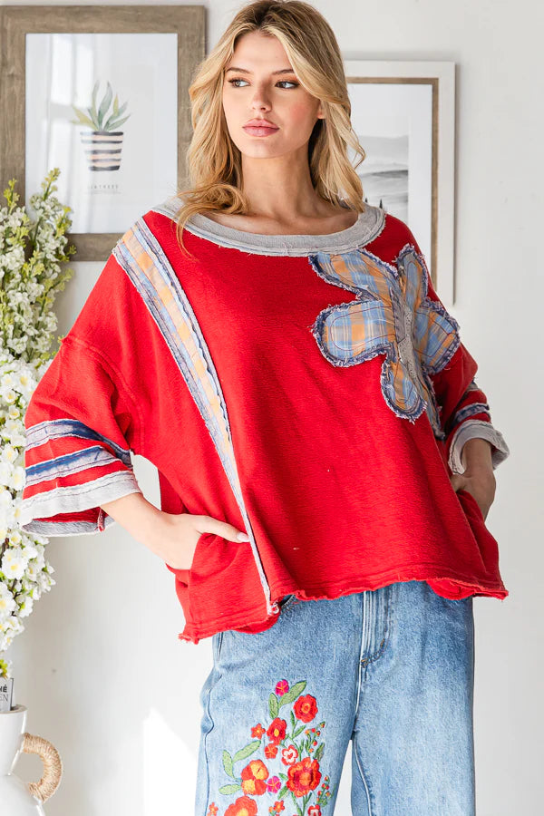 Red Washed Flower Patchwork Knit Top