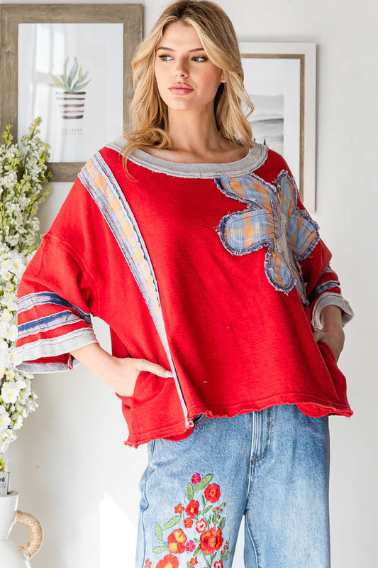 Red Washed Flower Patchwork Knit Top