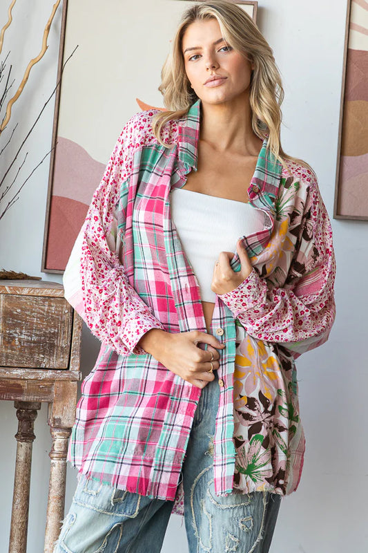 Pink Washed Print Mixed Button Down Shirt