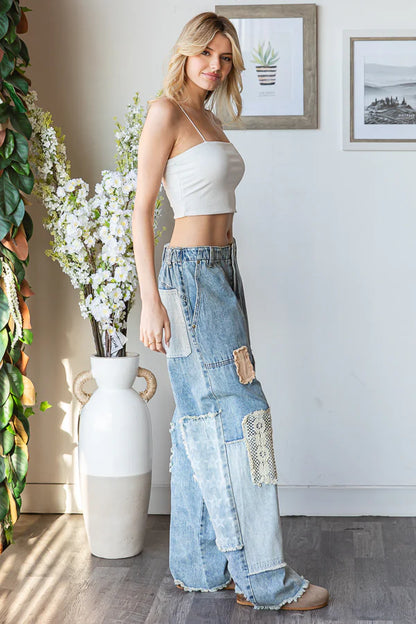 Washed Patchwork Frayed Hem Denim Jeans
