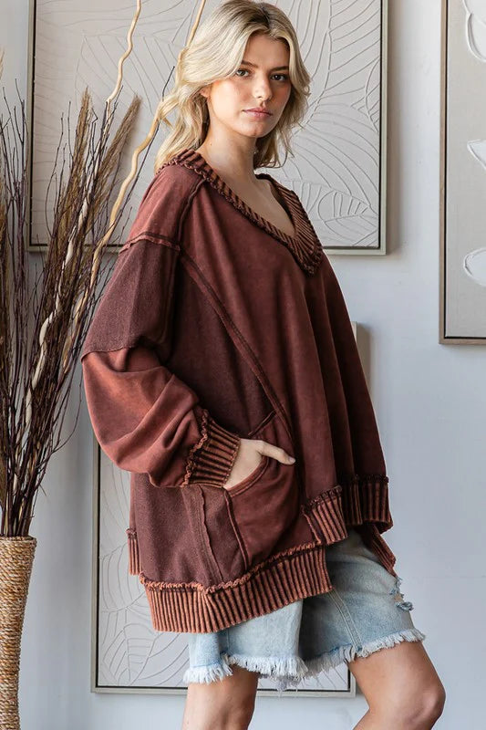 Washed Wide V Neck Ribbed Long Sleeve Top