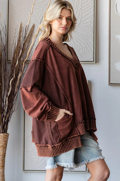 Washed Wide V Neck Ribbed Long Sleeve Top