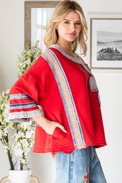 Red Washed Flower Patchwork Knit Top