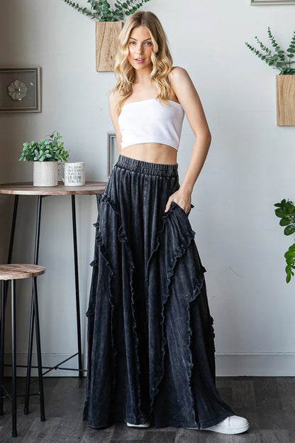 Ruffle Detail Wide Leg Flare Pants