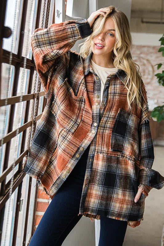 Black Washed Mixed Plaid Raw Hem Long Sleeve Shacket