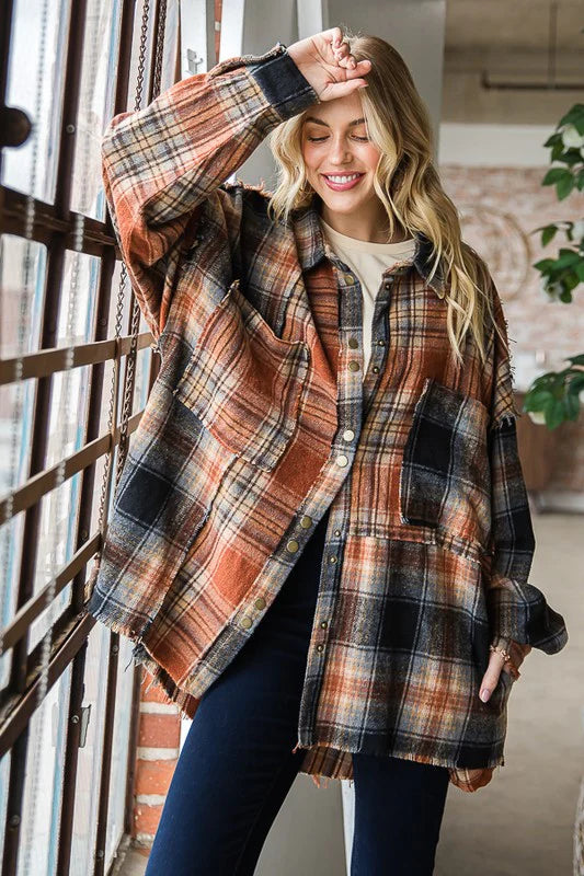 Black Washed Mixed Plaid Raw Hem Long Sleeve Shacket
