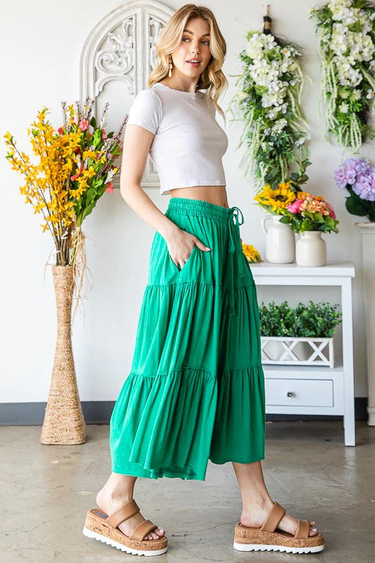 Mineral Washed Elastic Waist Tiered Wide Leg Pants