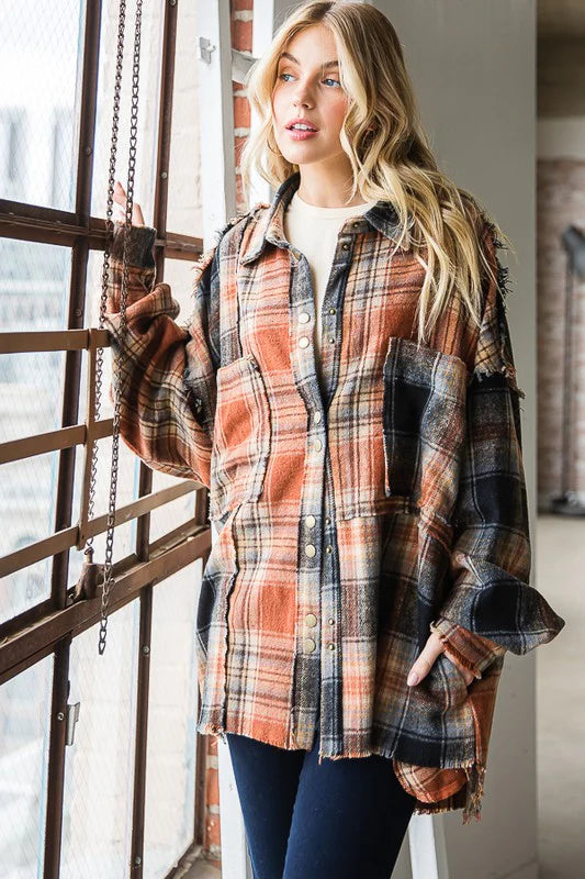 Black Washed Mixed Plaid Raw Hem Long Sleeve Shacket