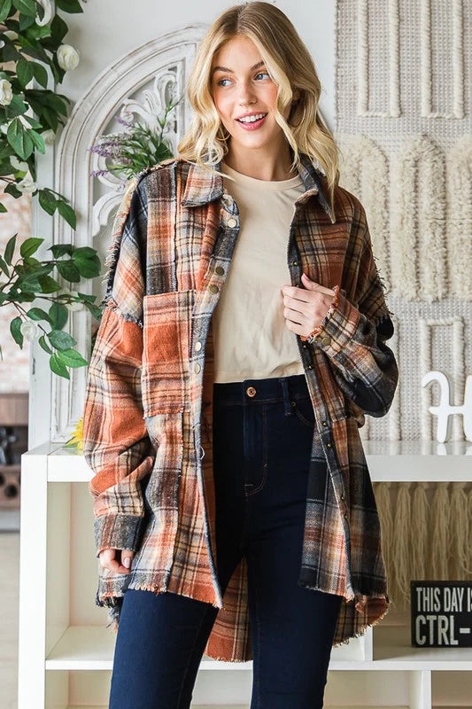 Black Washed Mixed Plaid Raw Hem Long Sleeve Shacket