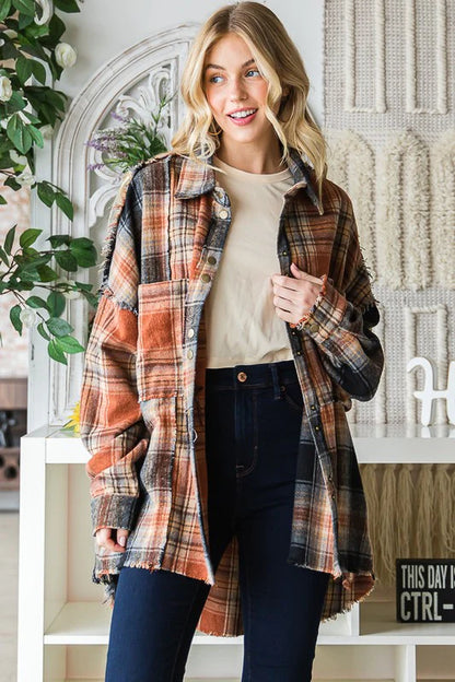 Black Washed Mixed Plaid Raw Hem Long Sleeve Shacket