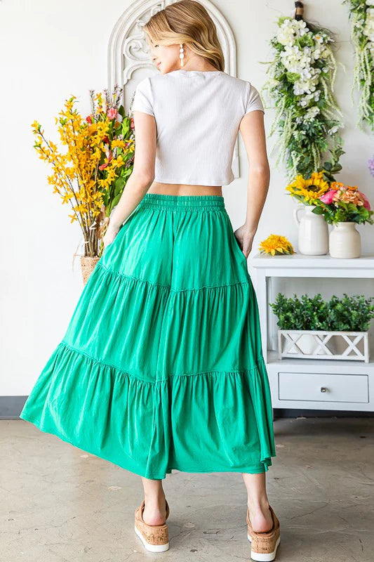 Mineral Washed Elastic Waist Tiered Wide Leg Pants