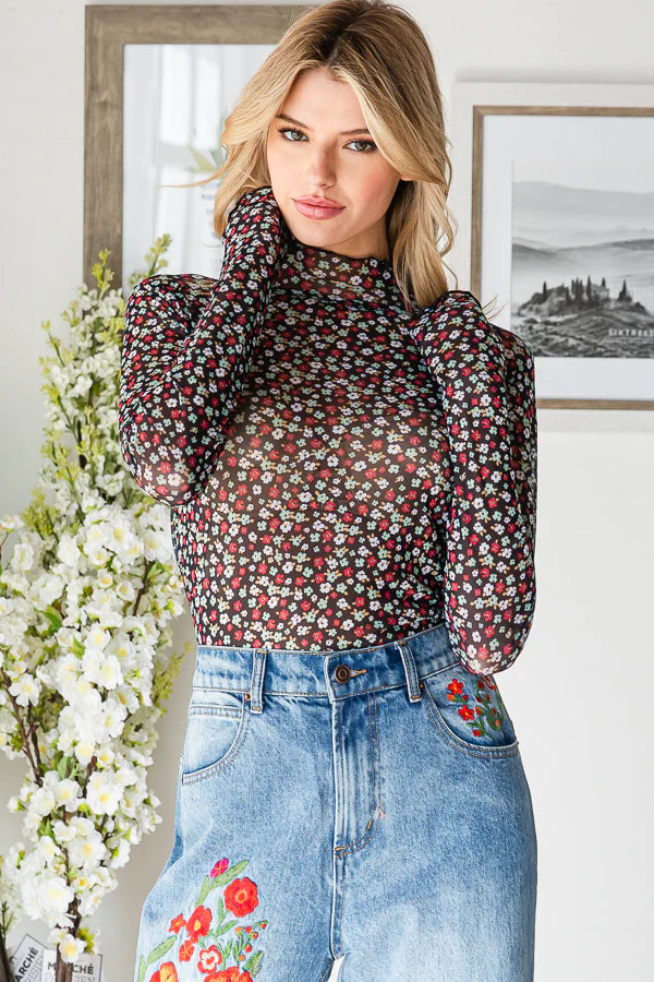 Black Floral Mesh Top