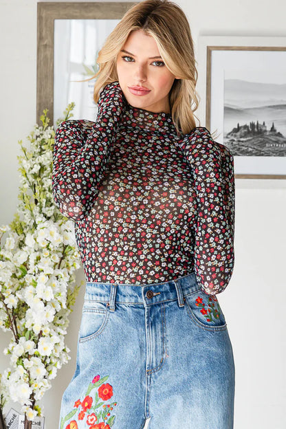 Black Floral Mesh Top