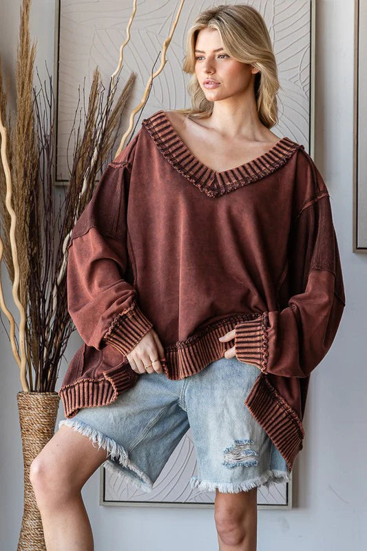 Washed Wide V Neck Ribbed Long Sleeve Top