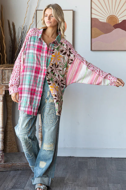 Pink Washed Print Mixed Button Down Shirt