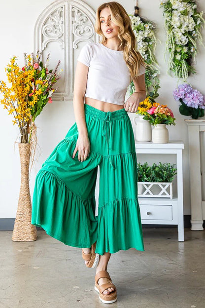 Mineral Washed Elastic Waist Tiered Wide Leg Pants