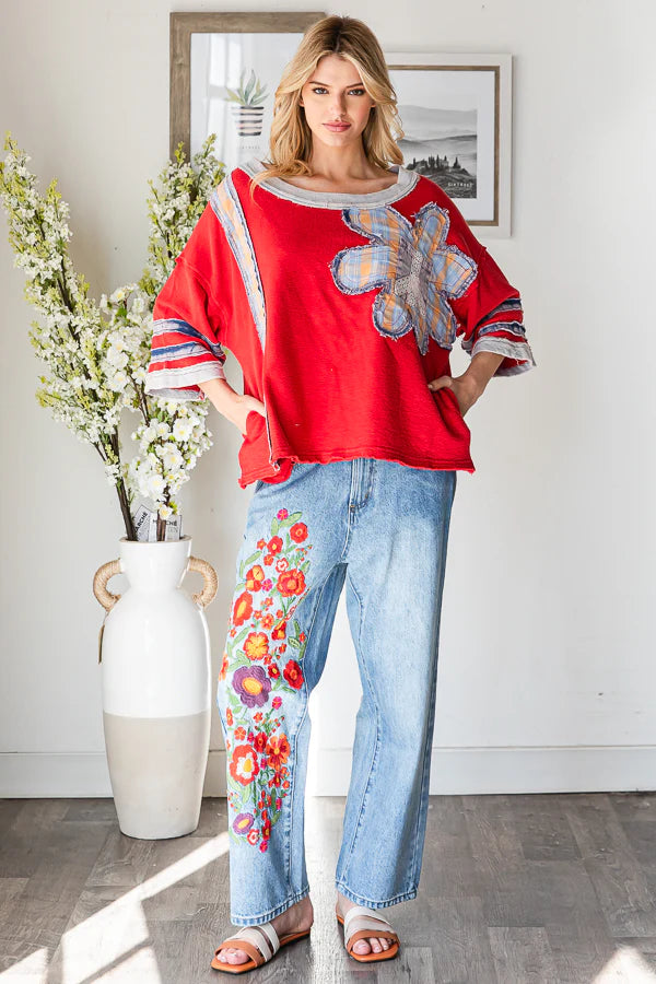 Red Washed Flower Patchwork Knit Top
