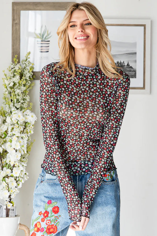 Black Floral Mesh Top