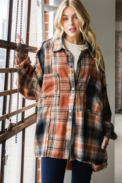 Black Washed Mixed Plaid Raw Hem Long Sleeve Shacket