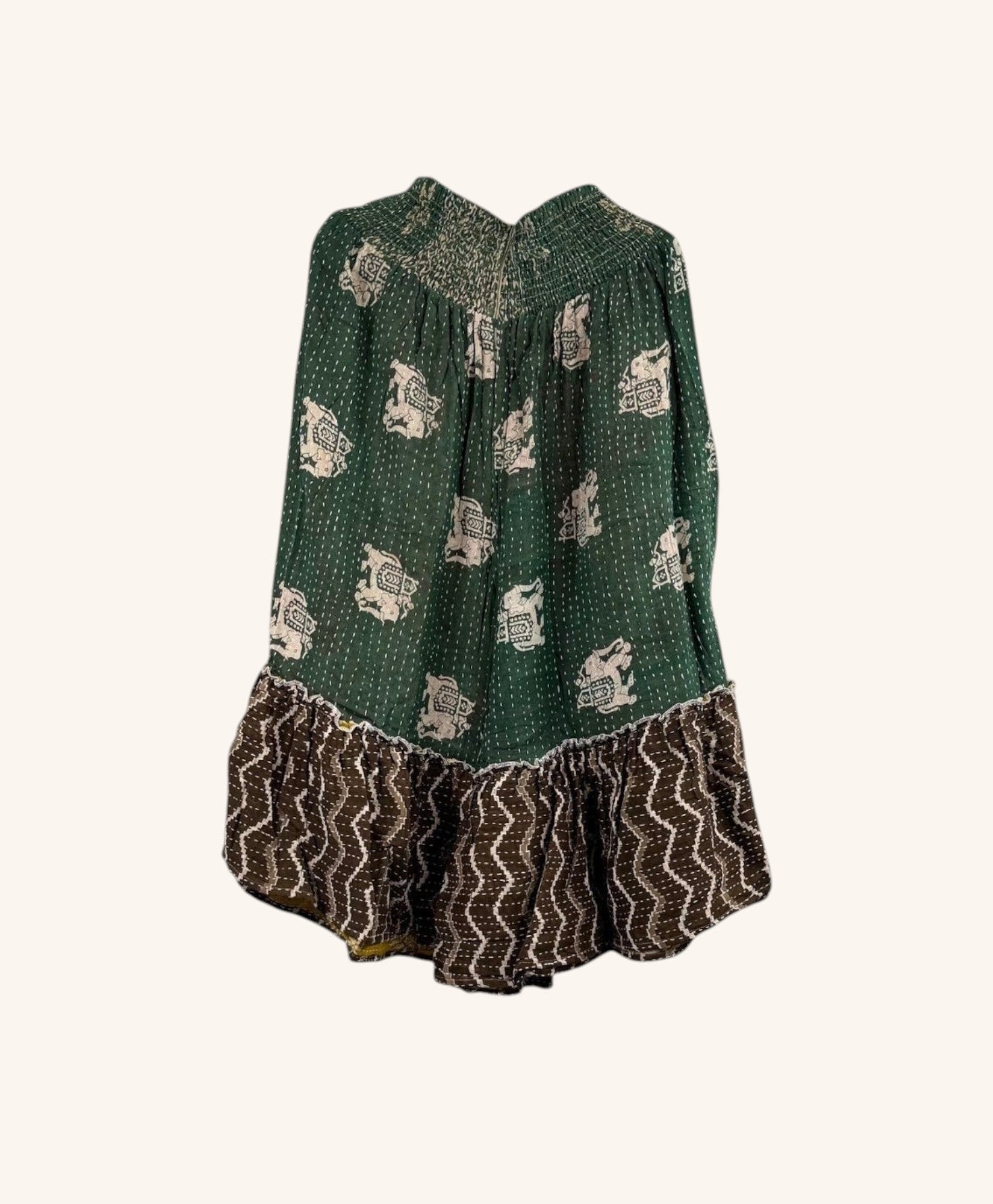 She Lives Beauty Anything for Selenas Bloomers in green vintage kantha cotton with a ruffled hem and elephant print.