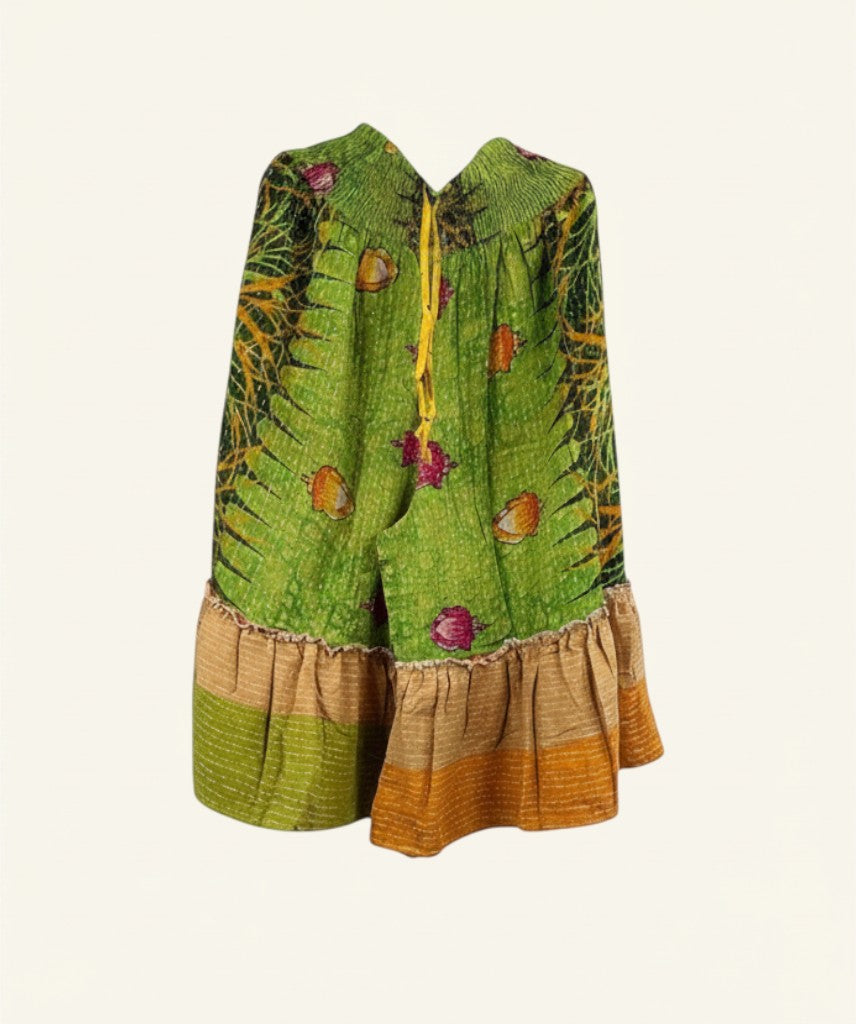 She Lives Beauty Anything for Selenas Bloomers in green vintage kantha cotton with a ruffled hem and elastic waist.