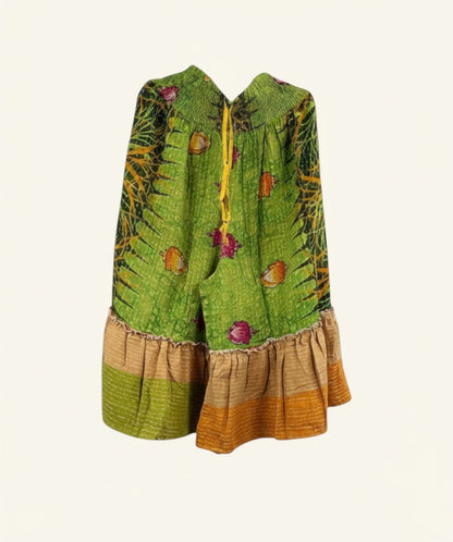 She Lives Beauty Anything for Selenas Bloomers in green vintage kantha cotton with a ruffled hem and elastic waist.