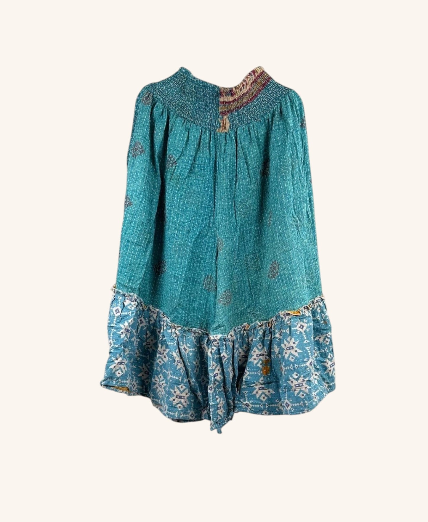 She Lives Beauty Anything for Selenas Bloomers in teal vintage kantha cotton with a ruffled hem and elastic waist.