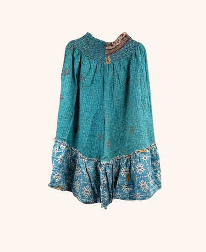 She Lives Beauty Anything for Selenas Bloomers in teal vintage kantha cotton with a ruffled hem and elastic waist.