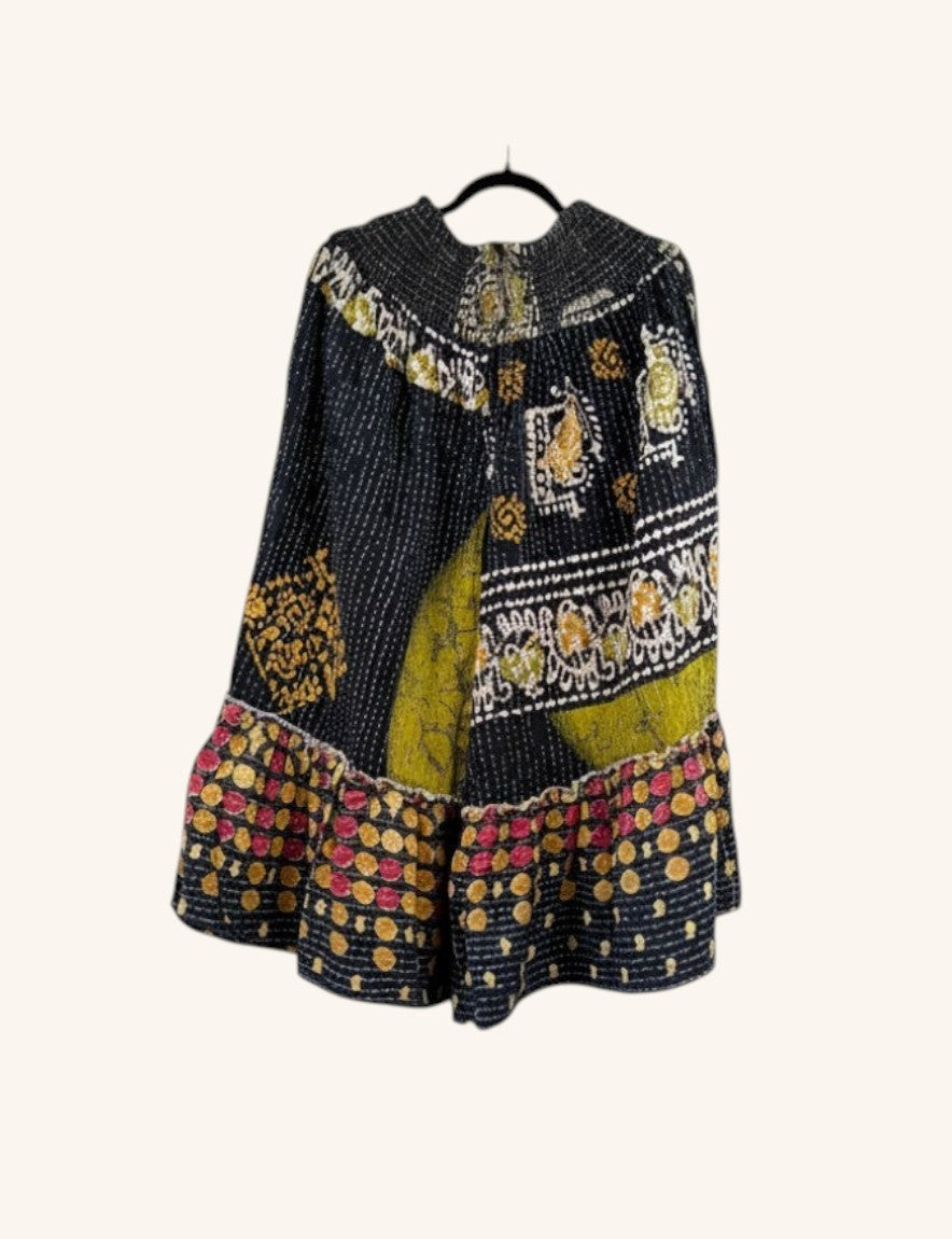 She Lives Beauty Anything for Selenas bloomers in black vintage Kantha cotton with colorful patterned ruffle hem