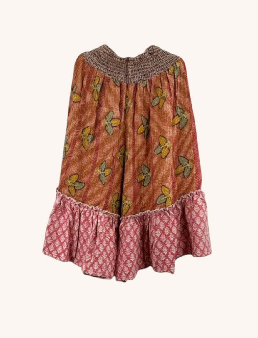She Lives Beauty Anything for Selenas bloomers in vintage kantha cotton with orange floral print and pink ruffle hem