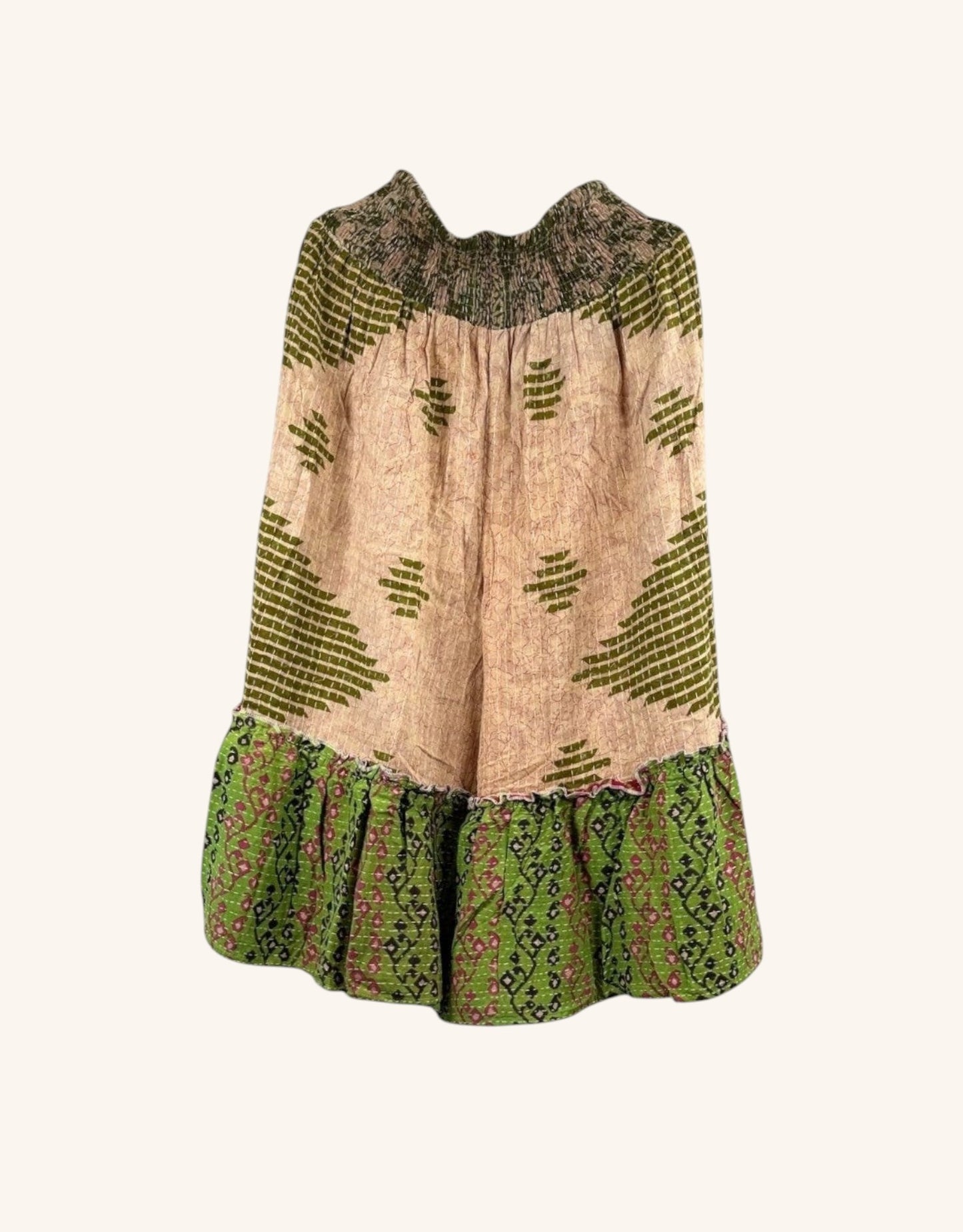 She Lives Beauty Anything for Selenas bloomers in vintage kantha cotton with green and beige geometric patterns.