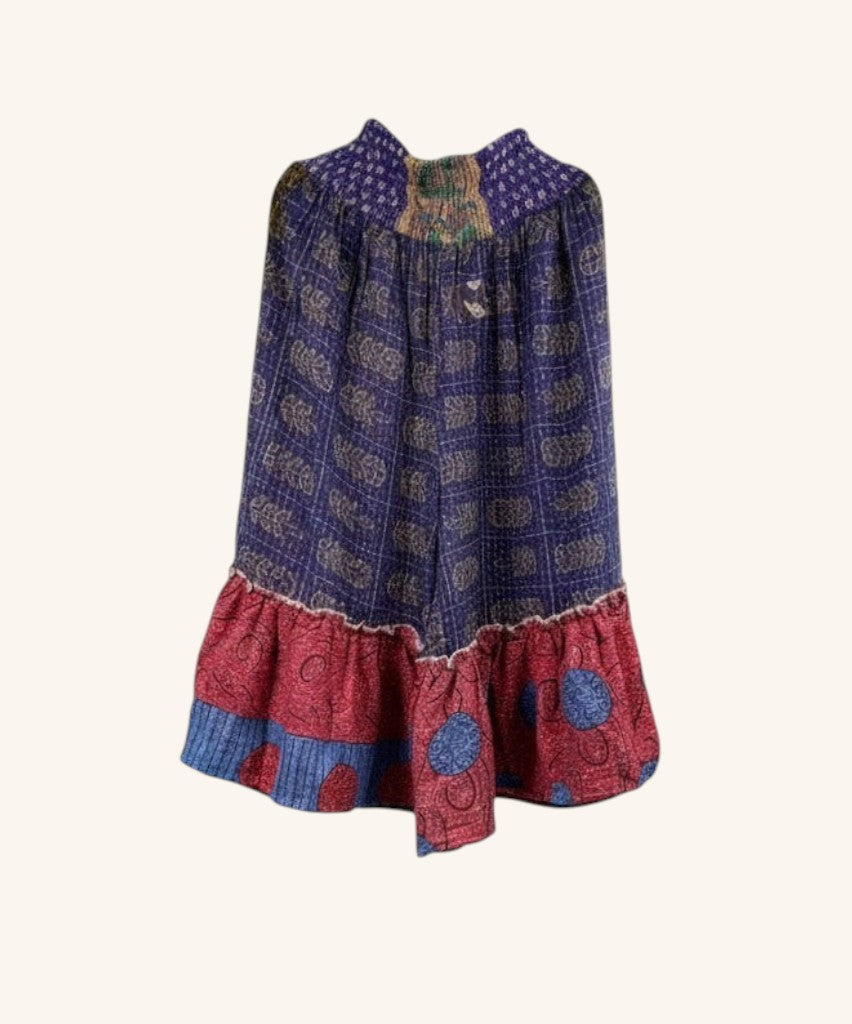 She Lives Beauty Anything for Selenas bloomers in vintage kantha cotton with purple, red, and blue patterned ruffles.