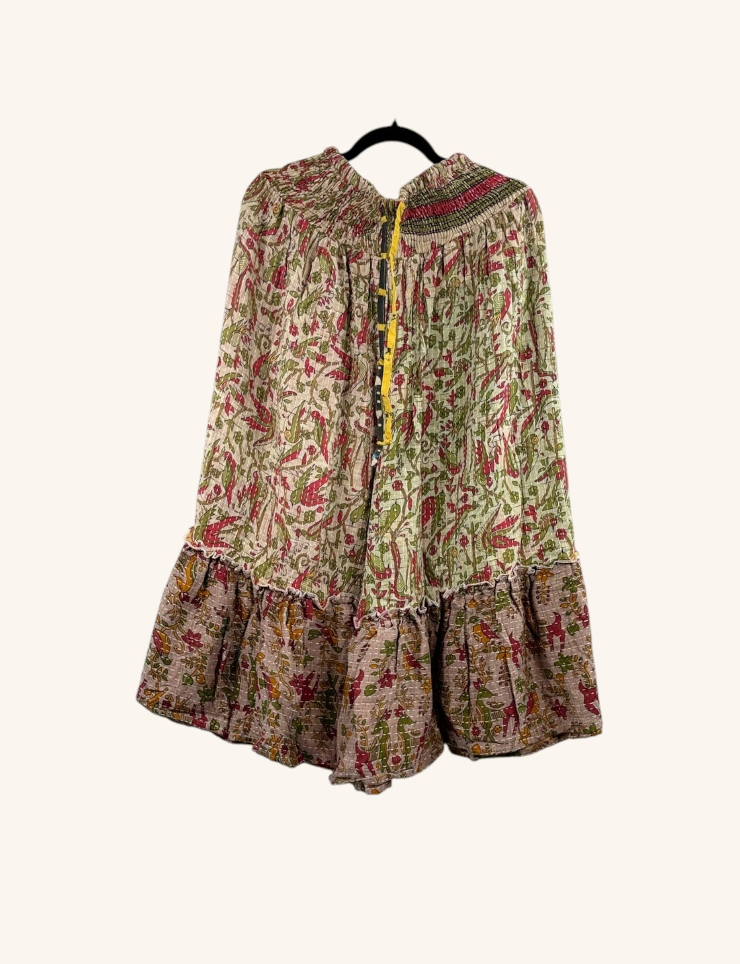 She Lives Beauty Anything for Selenas Bloomers in vintage Kantha cotton with a floral print and ruffled hem.