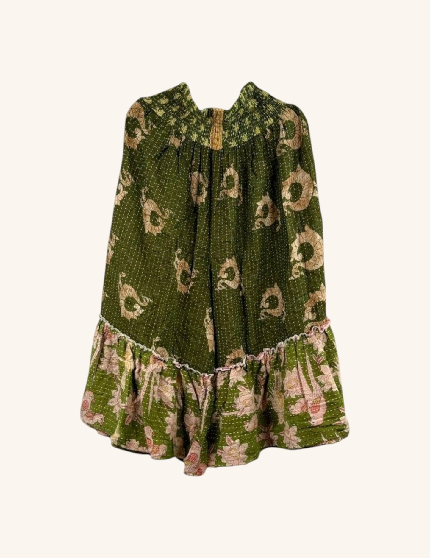 She Lives Beauty Anything for Selenas bloomers in olive green vintage Kantha cotton with a ruffled hem.