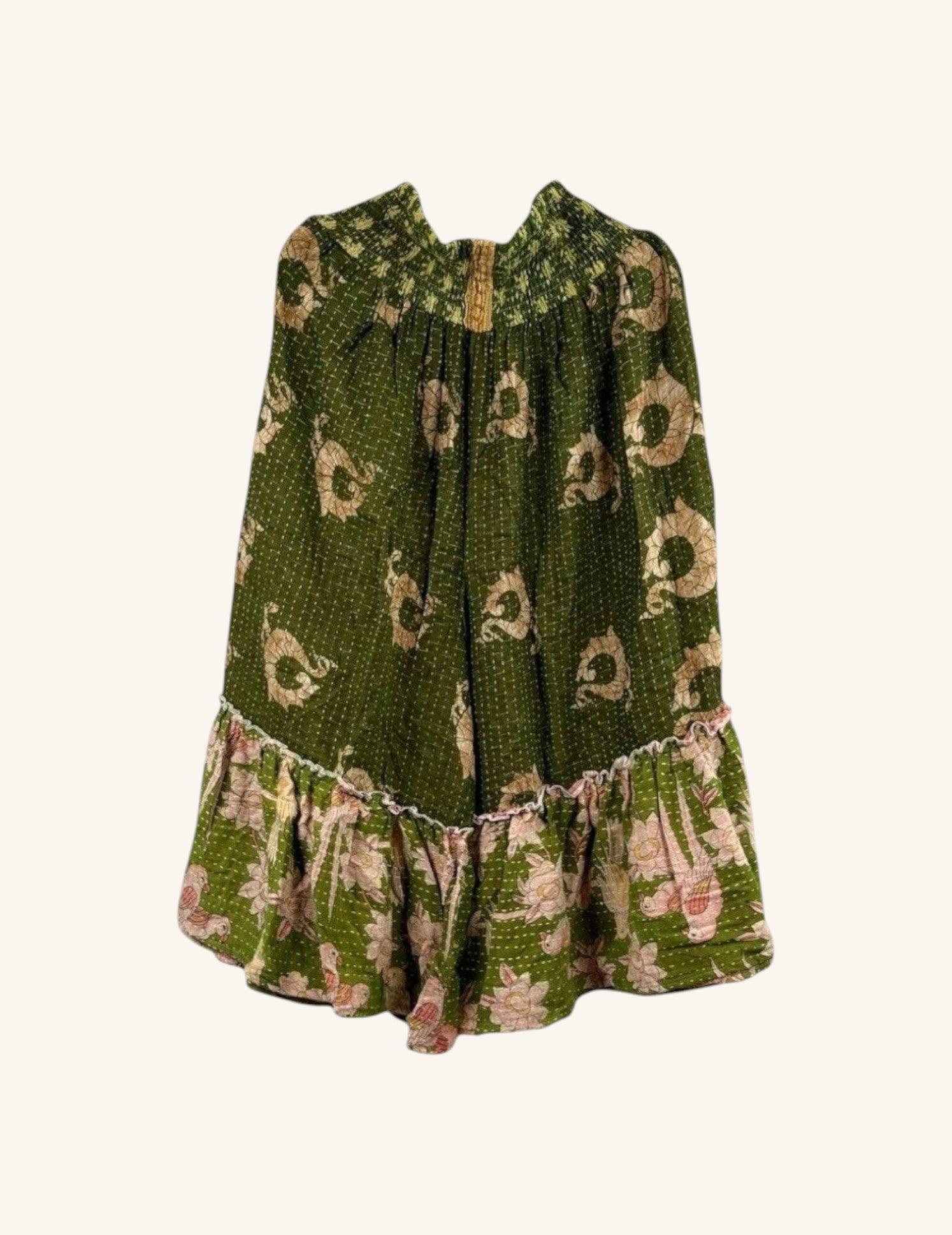 She Lives Beauty Anything for Selenas bloomers in olive green vintage Kantha cotton with a ruffled hem.