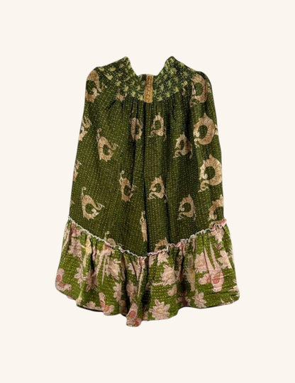 She Lives Beauty Anything for Selenas bloomers in olive green vintage Kantha cotton with a ruffled hem.