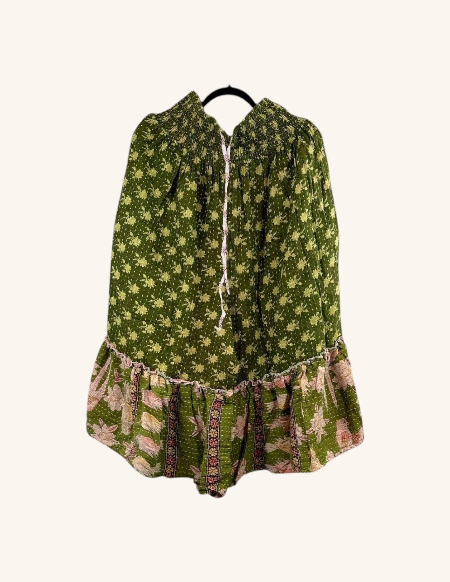 She Lives Beauty Anything for Selenas Bloomers in green vintage kantha cotton with a ruffled hem and elastic waist.