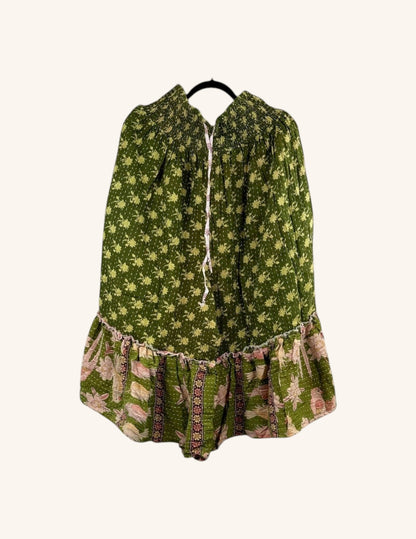 She Lives Beauty Anything for Selenas Bloomers in green vintage kantha cotton with a ruffled hem and elastic waist.