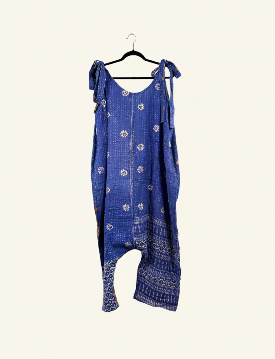 She Lives Beauty Becoming Wild Harem Kantha Jumpsuit in blue vintage cotton with white floral and geometric patterns.