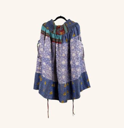 She Lives Beauty Earthbound midi skirt in blue vintage kantha cotton with adjustable front leg cinches