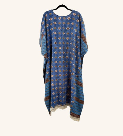 She Lives Beauty blue vintage Kantha cotton reversible hi-low top with geometric patterns and fringe hem