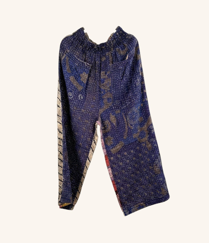 She Lives Beauty wide leg pants made from blue vintage kantha stitched cotton saris with a relaxed elastic waist