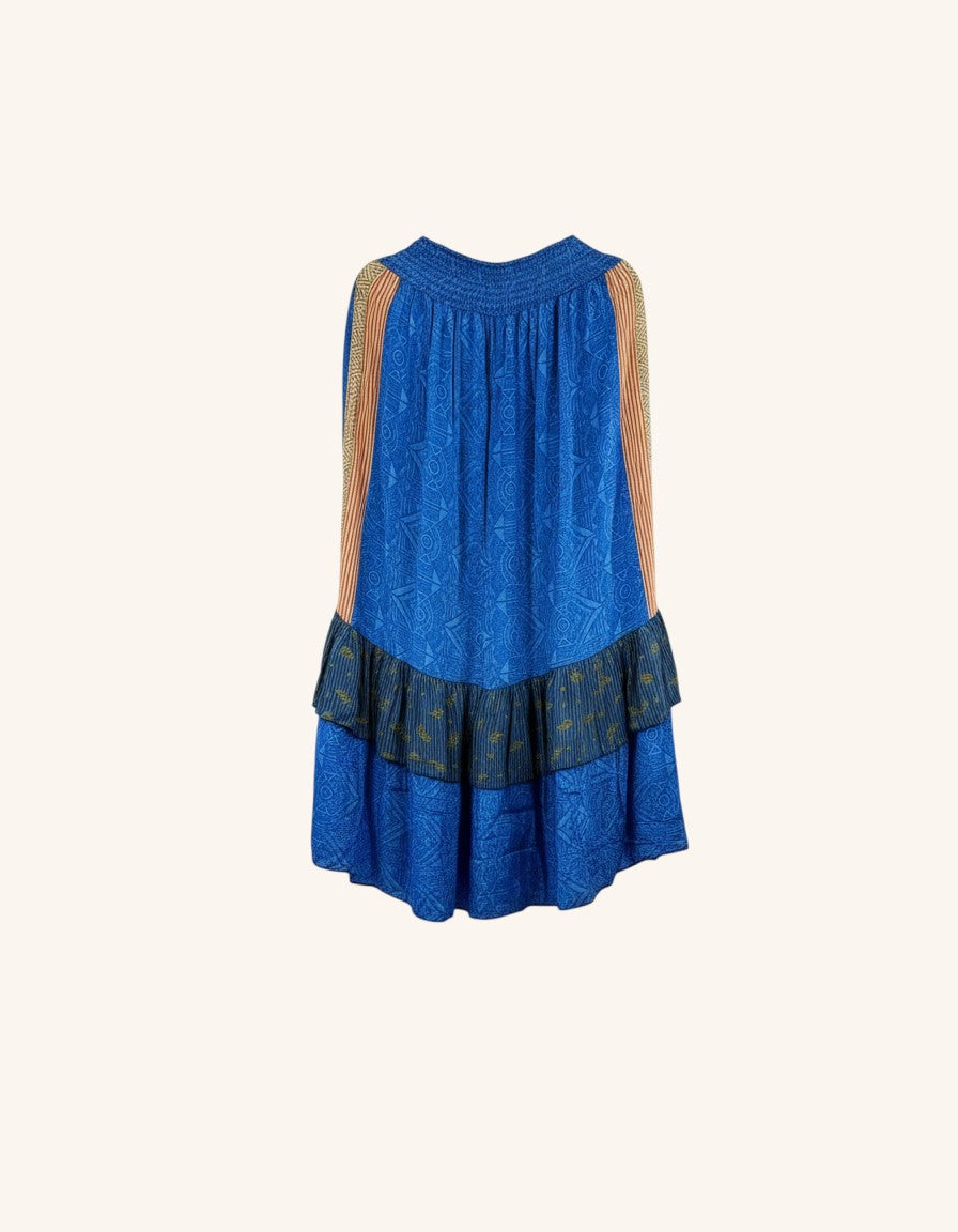 She Lives Beauty Gypsy Moon vintage rasgulla silk pants in blue with double ruffle hem and bohemian patterned fabric.