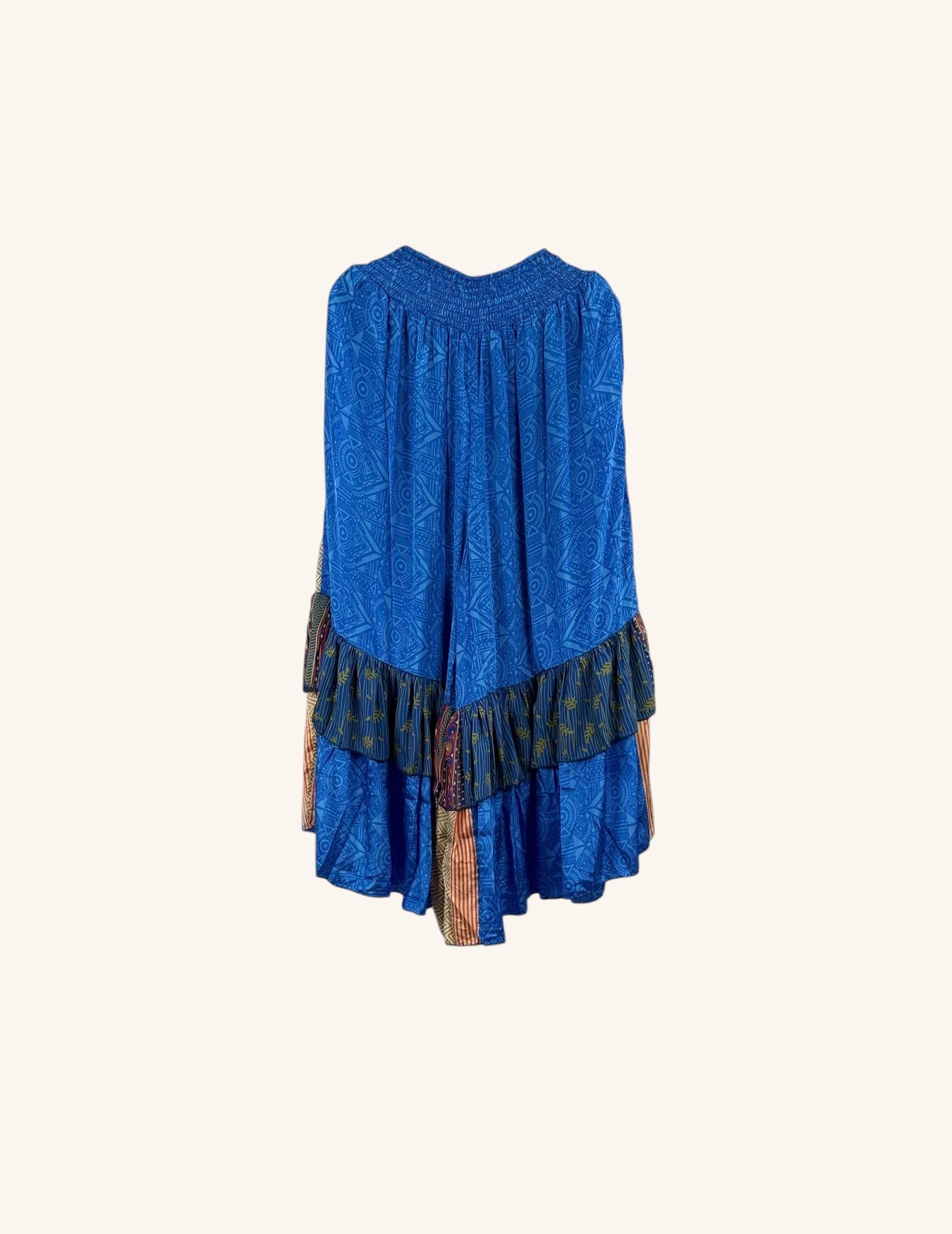 She Lives Beauty Gypsy Moon silk ruffle pants in blue with vintage rasgulla fabric and tiered hem detail