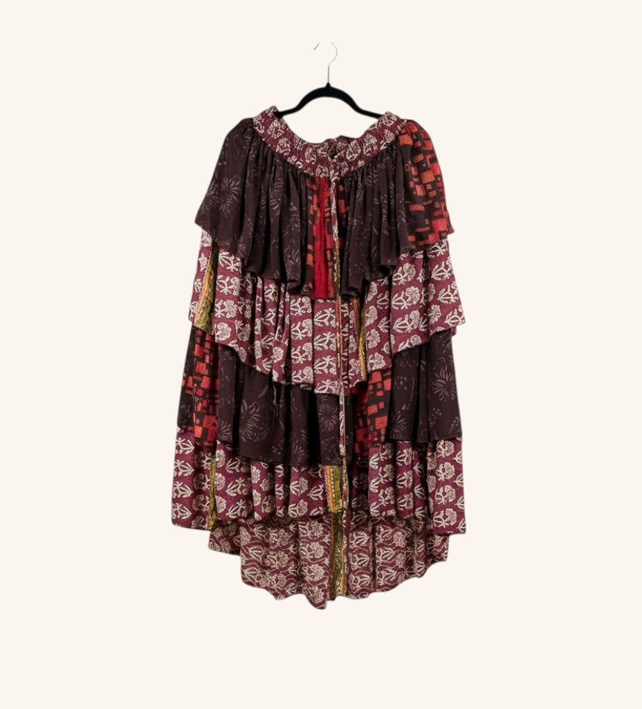 She Lives Beauty Ruffle Muse hi-lo skirt in burgundy and dark brown vintage Rasgulla silk with tiered ruffle details.