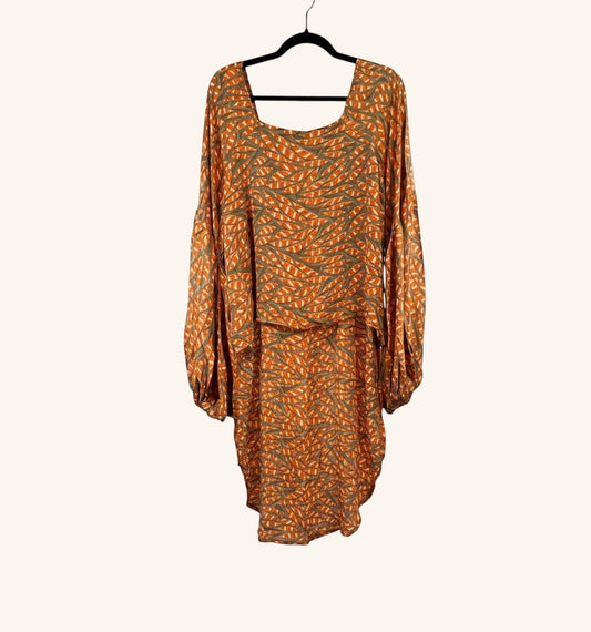 She Lives Beauty Desert Rain silk top in orange and olive leaf print with oversized ruffle sleeves and hi-low hem.