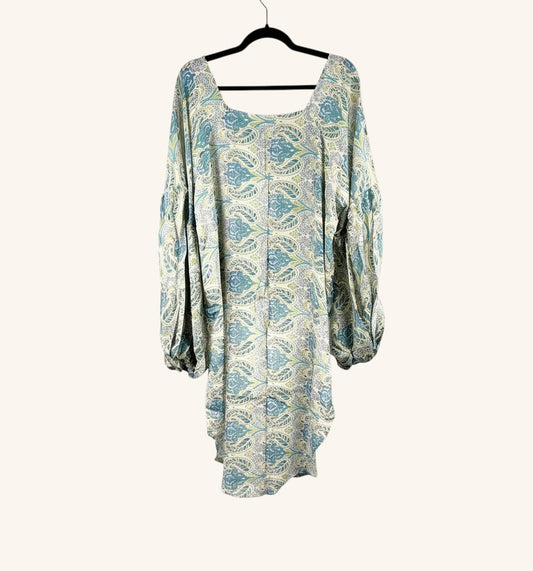 She Lives Beauty Desert Rain silk top in blue and cream paisley print with oversized ruffle sleeves and hi-low hem.